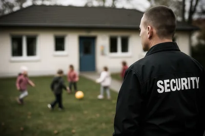 Security Guard Watching Children Playing Soccer Outside School