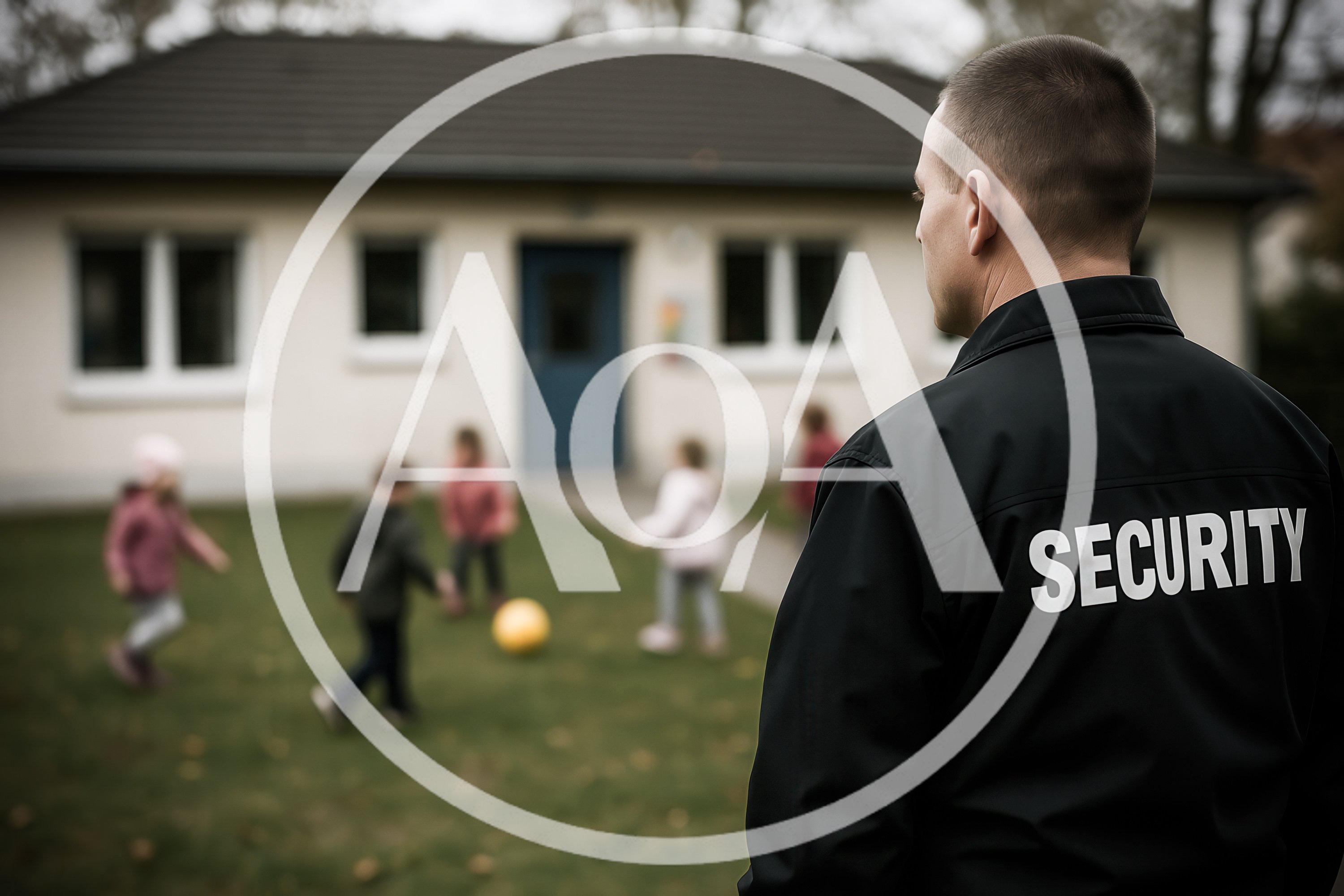 Security Guard Watching Children Playing Soccer Outside School