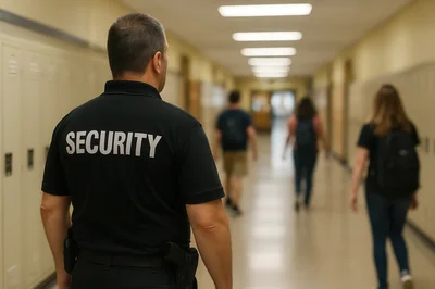 Security Guard Patrolling A School Hallway