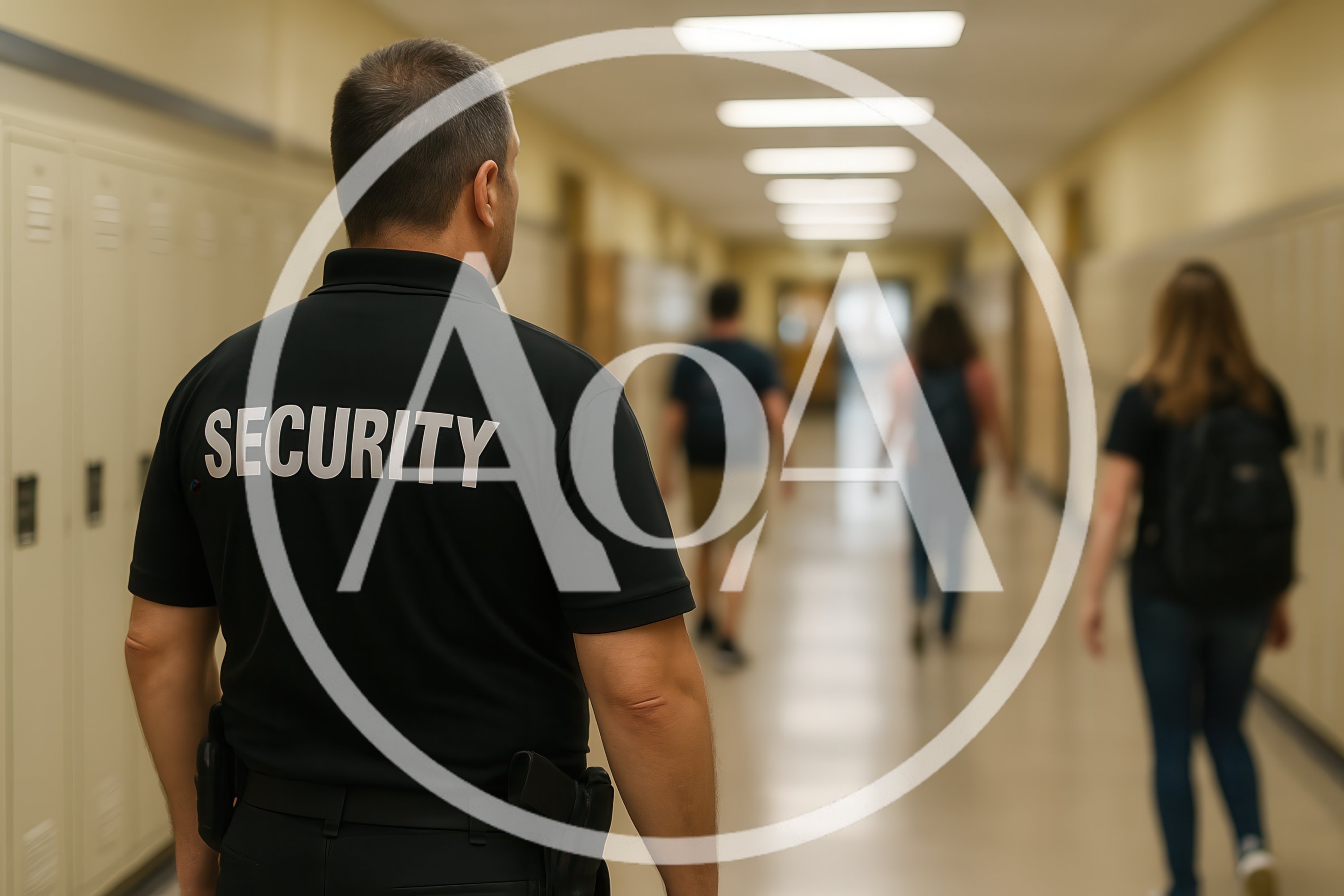 Security Guard Patrolling A School Hallway