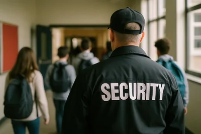 School Security Guard Monitoring Students In Hallway