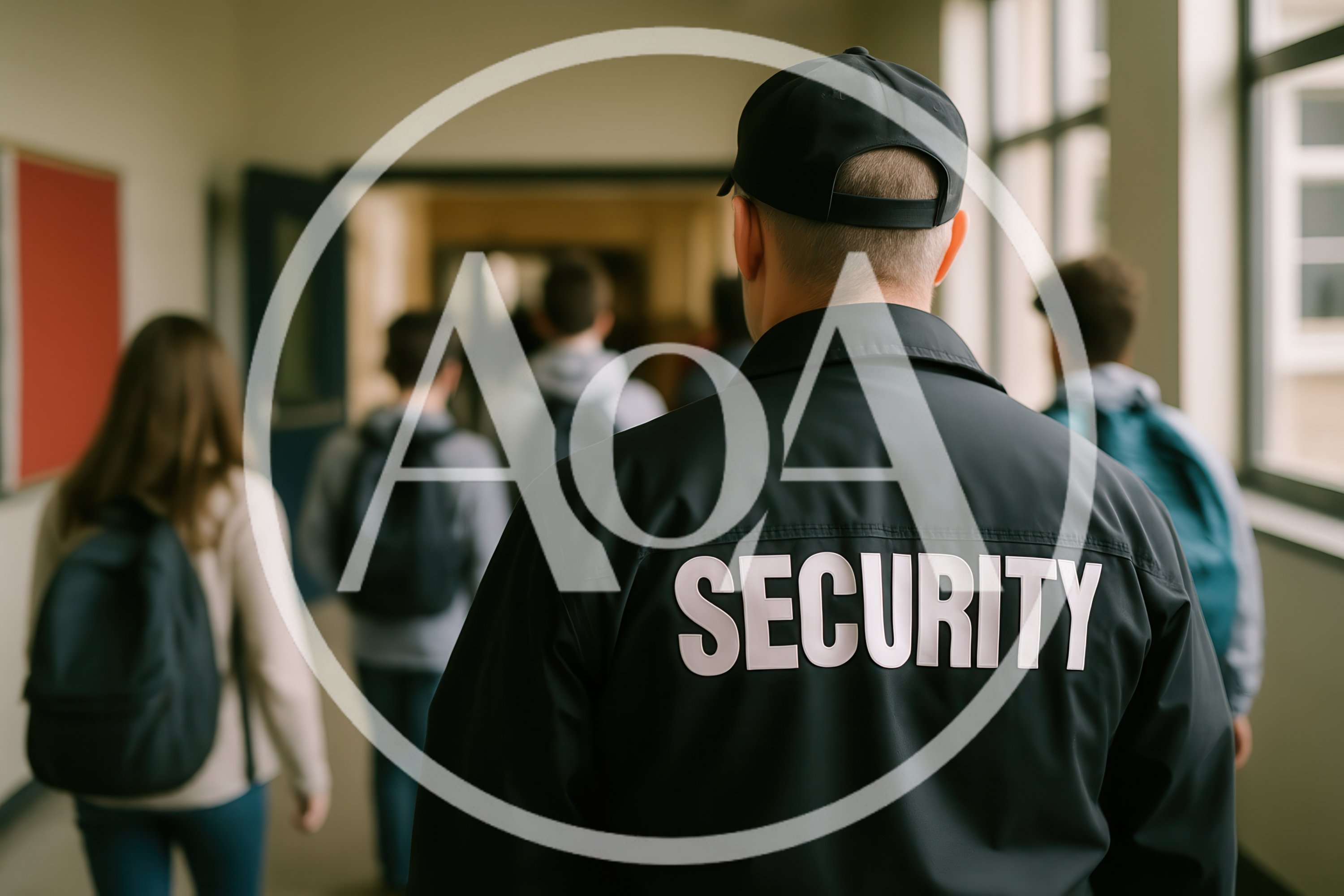 School Security Guard Monitoring Students In Hallway