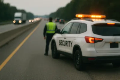 Security Officer Standing Beside Patrol Vehicle On Highway