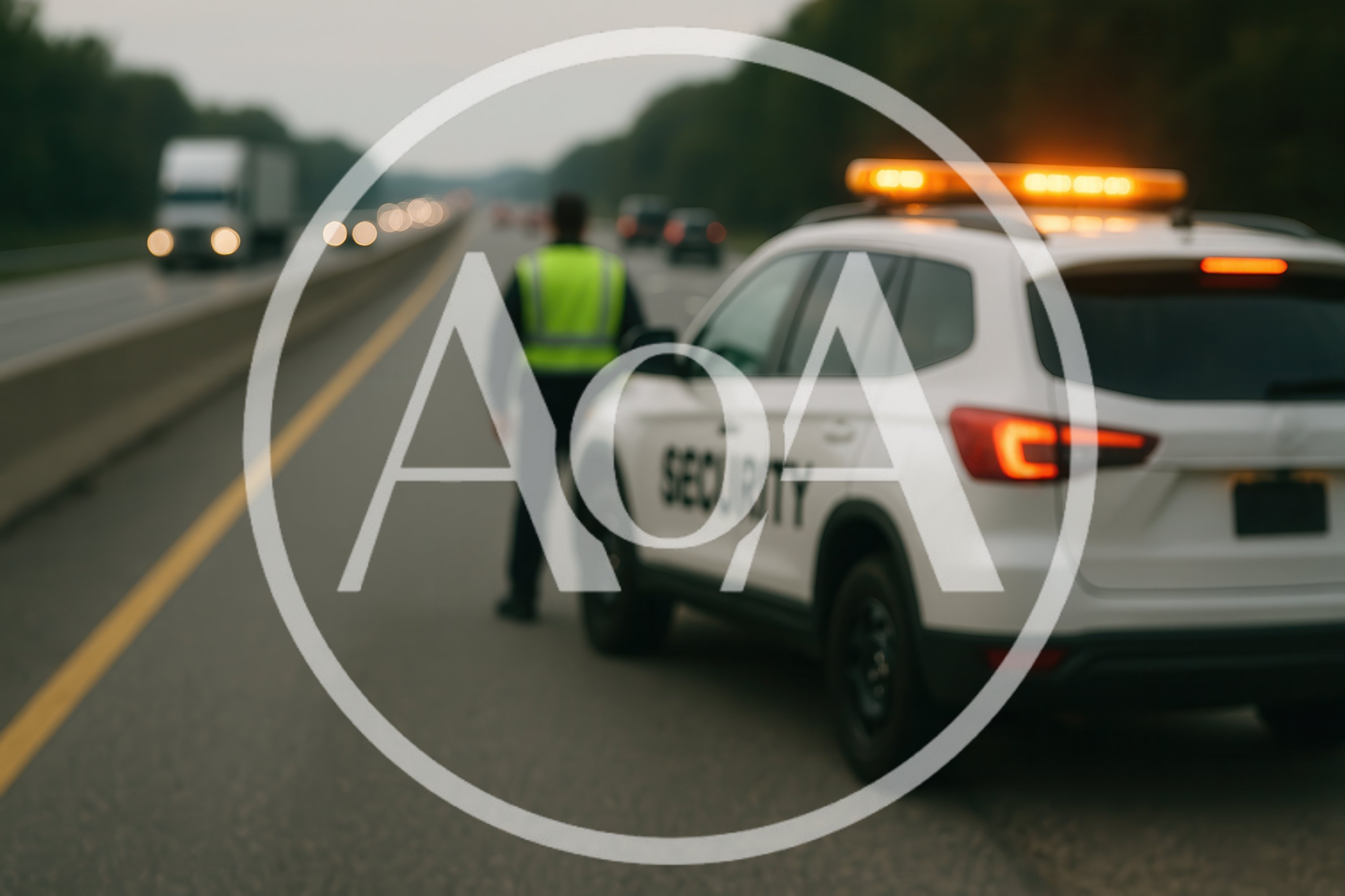 Security Officer Standing Beside Patrol Vehicle On Highway