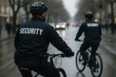 Security Guards Patrolling City Streets On Bicycles
