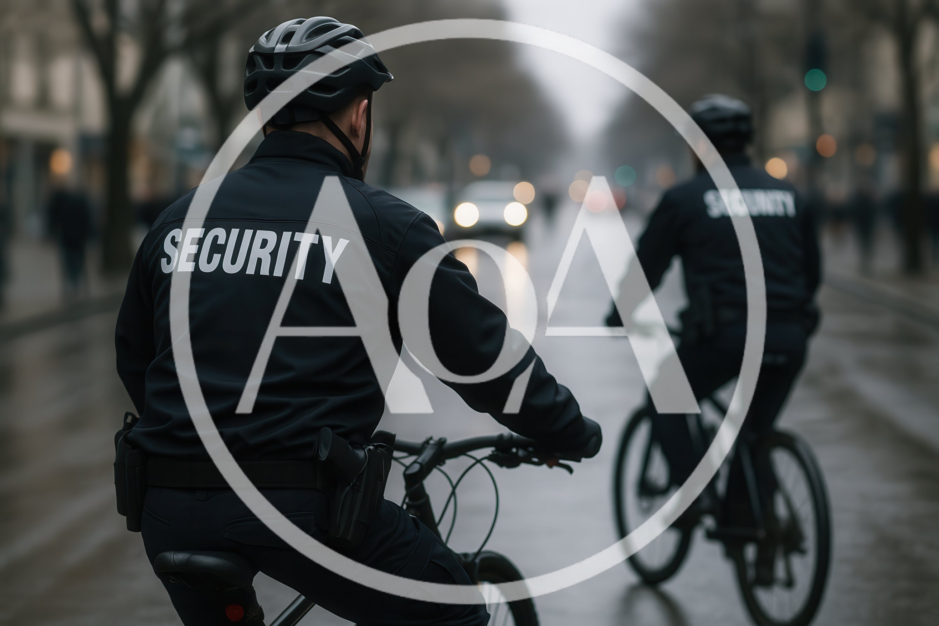 Security Guards Patrolling City Streets On Bicycles