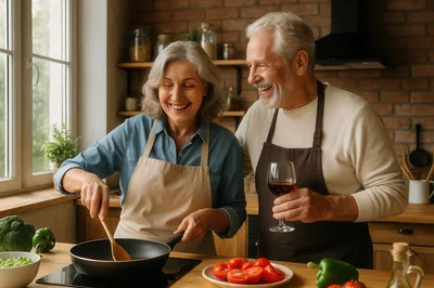 Happy Senior Couple Cooking Together in Kitchen