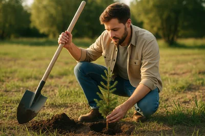 Man Planting A Young Pine Tree In A Field