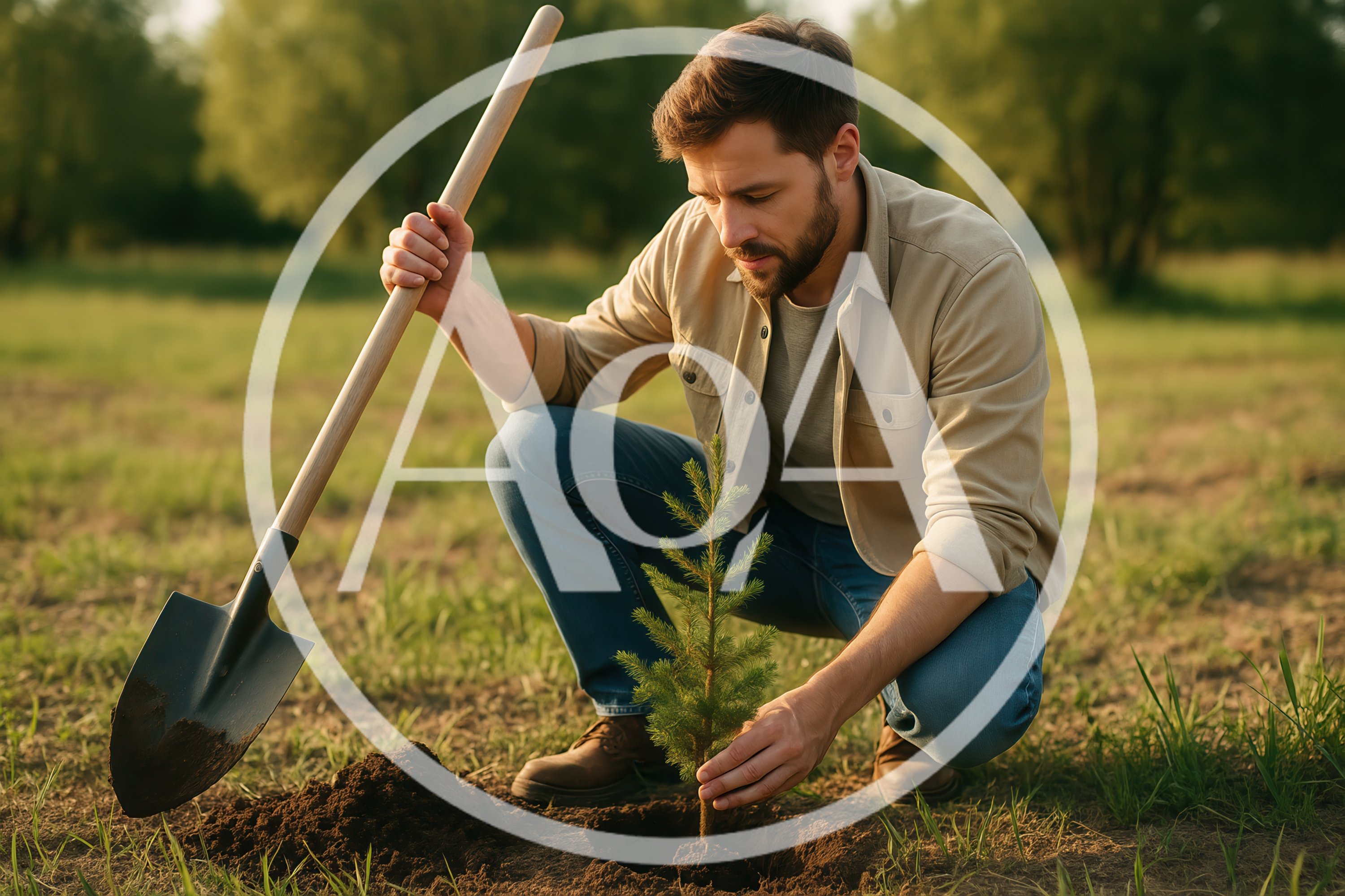 Man Planting A Young Pine Tree In A Field