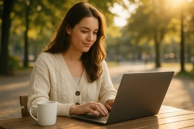 Young Woman Working on Laptop in Park