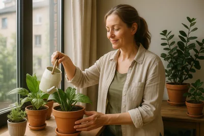 Woman Watering Potted Plants Near Window
