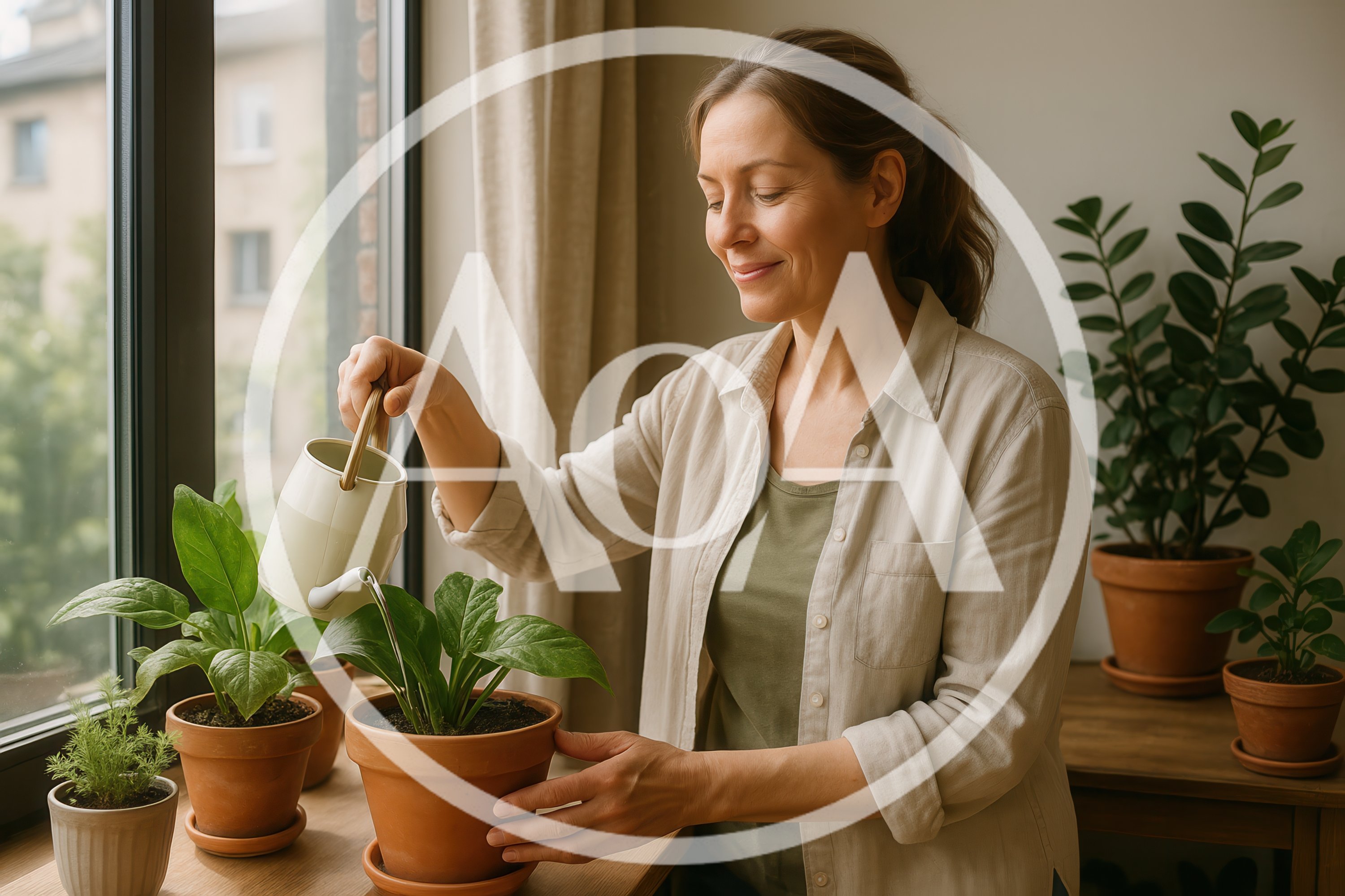 Woman Watering Potted Plants Near Window