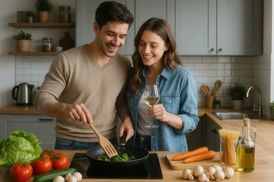 Happy Couple Cooking Healthy Dinner Together In Kitchen