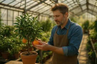 Middle Aged Gardener Inspecting Potted Citrus Tree