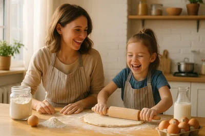 Mother and Daughter Baking Together in Kitchen