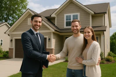 Real Estate Agent Handshaking With Couple In Front Of House