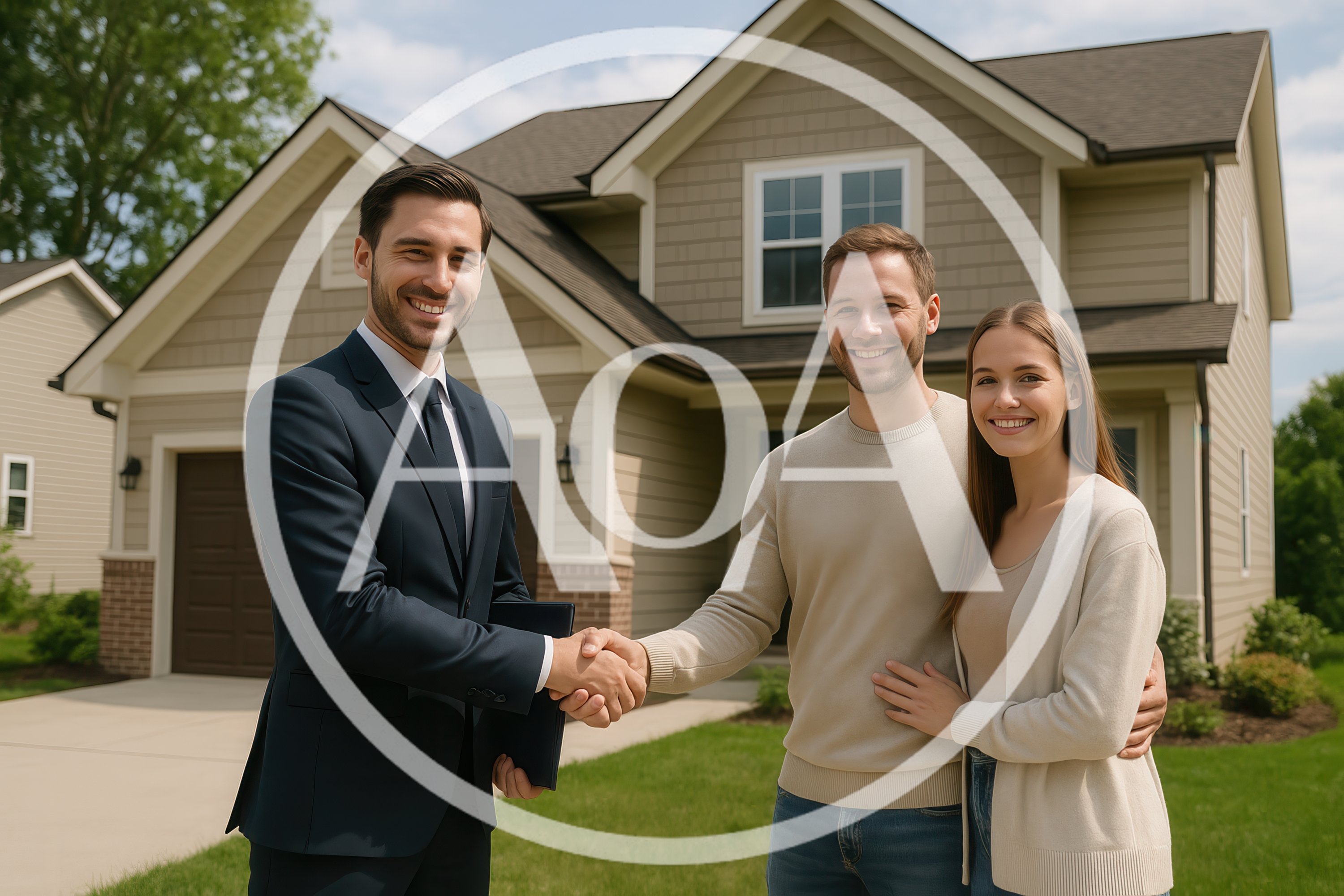 Real Estate Agent Handshaking With Couple In Front Of House