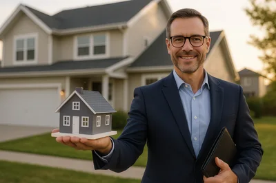 Professional Real Estate Agent Holding Miniature House Model