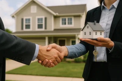 Real Estate Agent Handshake With House Model And Keys