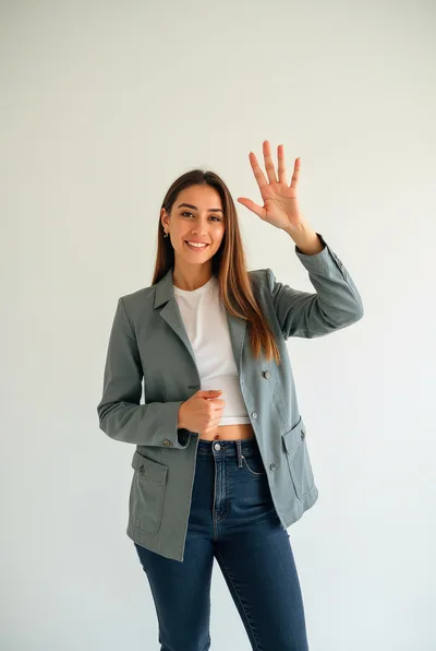 Young Woman Waving Hello Against A Plain Background