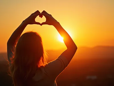 Woman Making Heart Shape With Hands Against Sunset