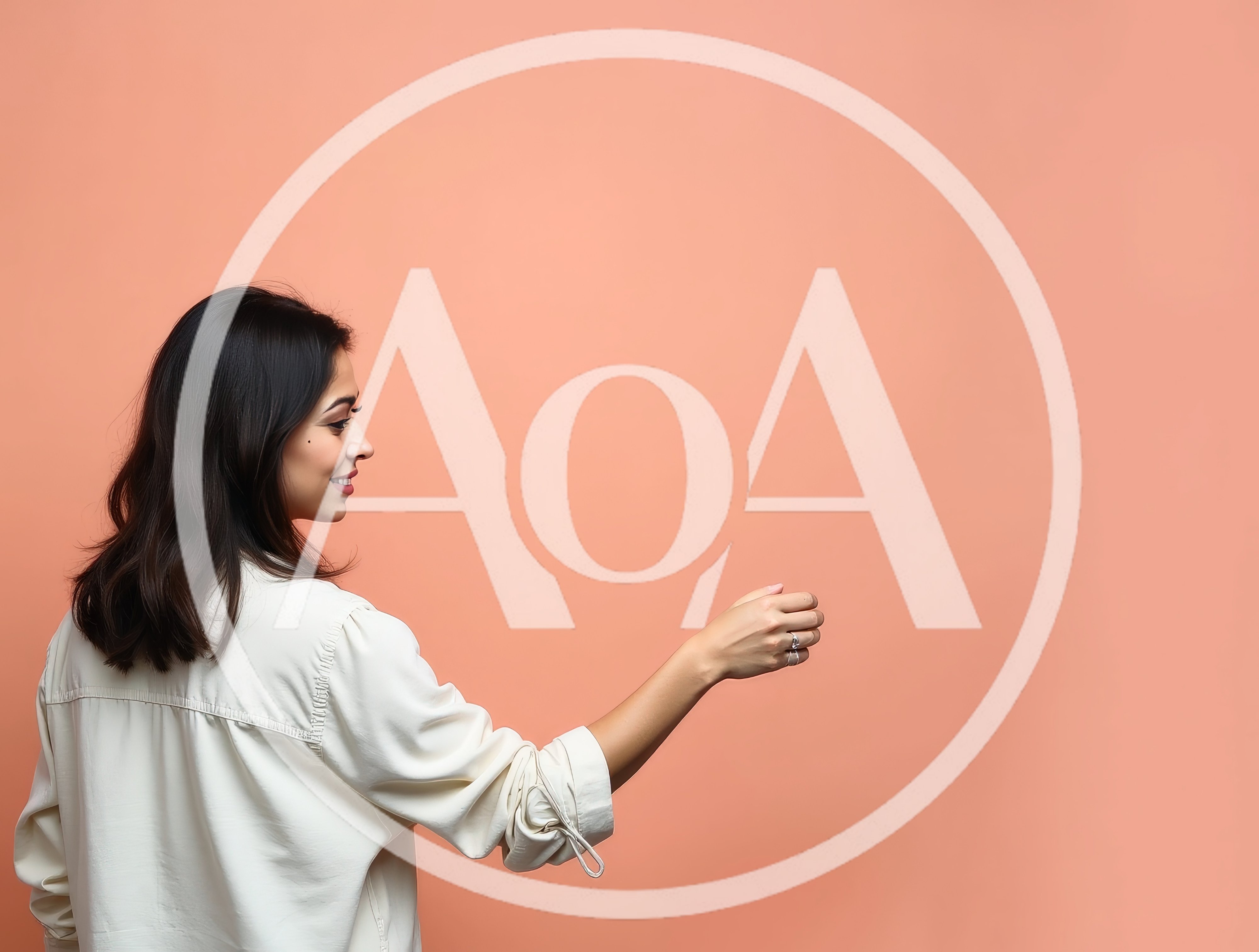 Young Woman Holding Invisible Object Against Peach Background