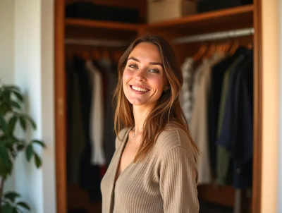 Smiling Woman Standing In Front Of Her Organized Closet