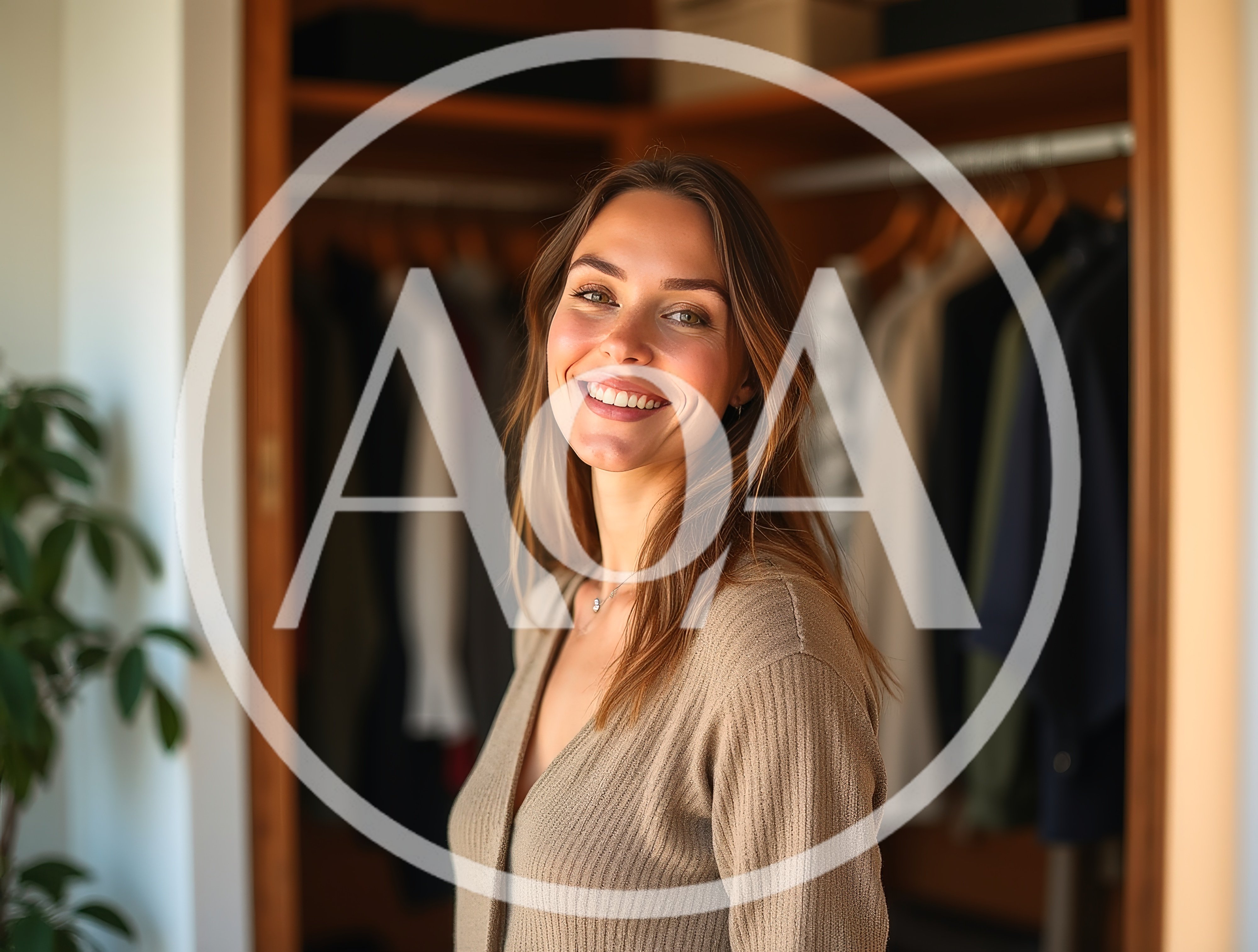 Smiling Woman Standing In Front Of Her Organized Closet
