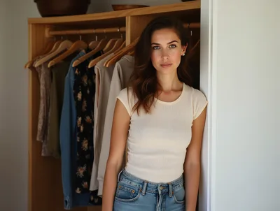 Young Woman Standing In Front Of A Wooden Closet