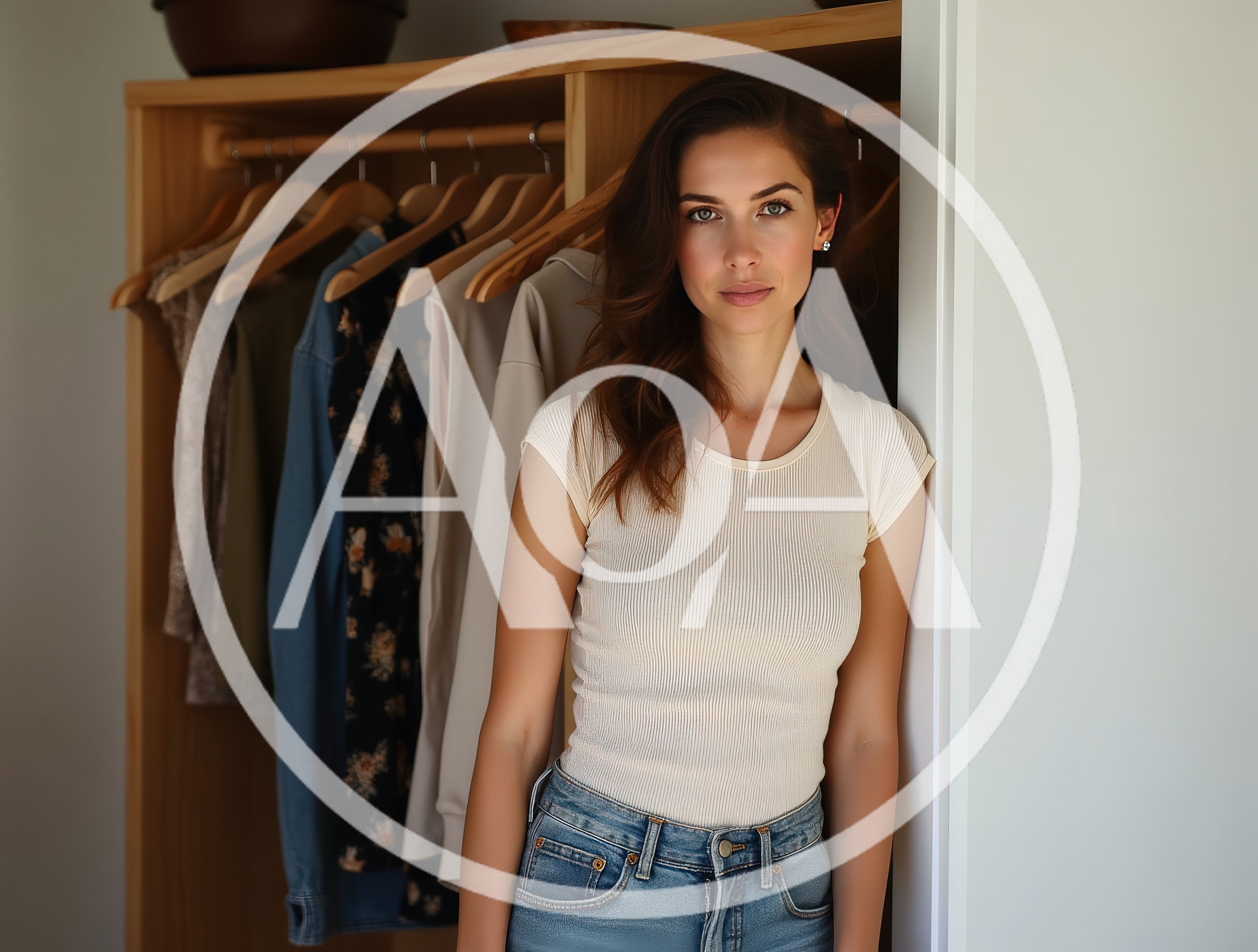 Young Woman Standing In Front Of A Wooden Closet