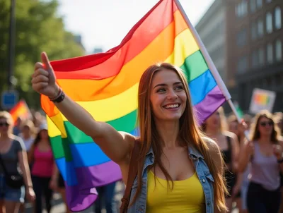 Young Woman Holding Rainbow Flag at Pride Parade