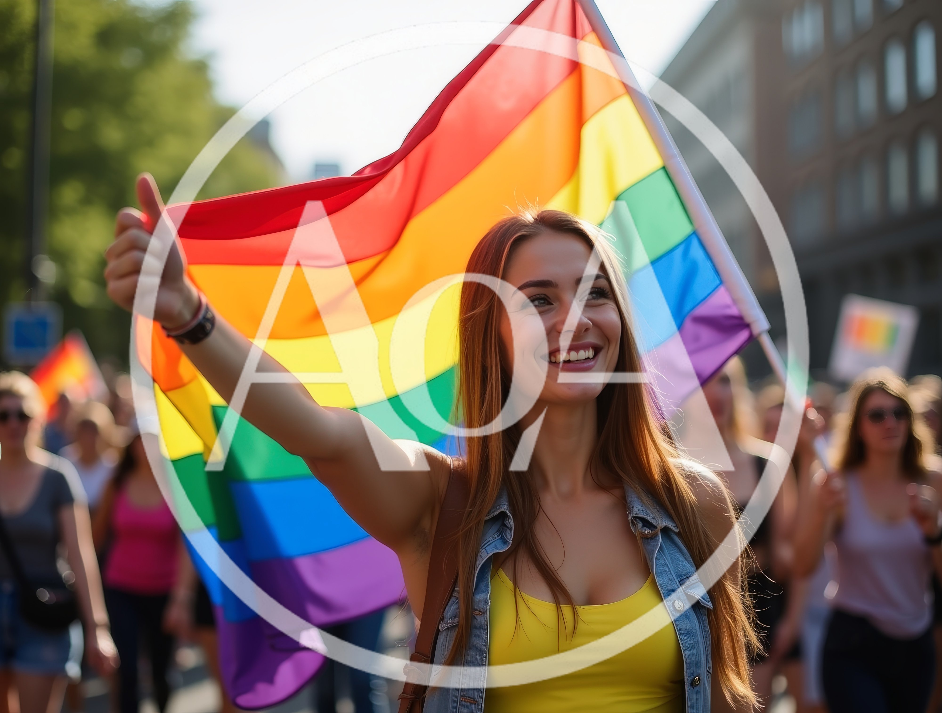 Young Woman Holding Rainbow Flag at Pride Parade