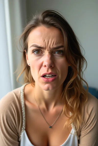 Close Up Portrait Of A Woman With A Disgusted Expression
