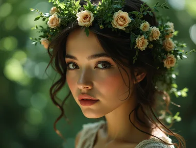 Portrait Of A Young Woman Wearing A Floral Crown