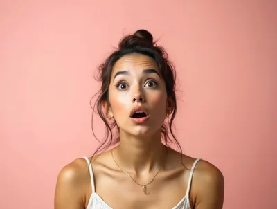 Surprised Young Woman With Mouth Open Looking Up