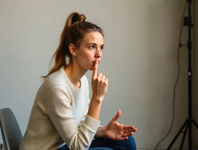 Young Woman Sitting and Thinking with Finger on Lips