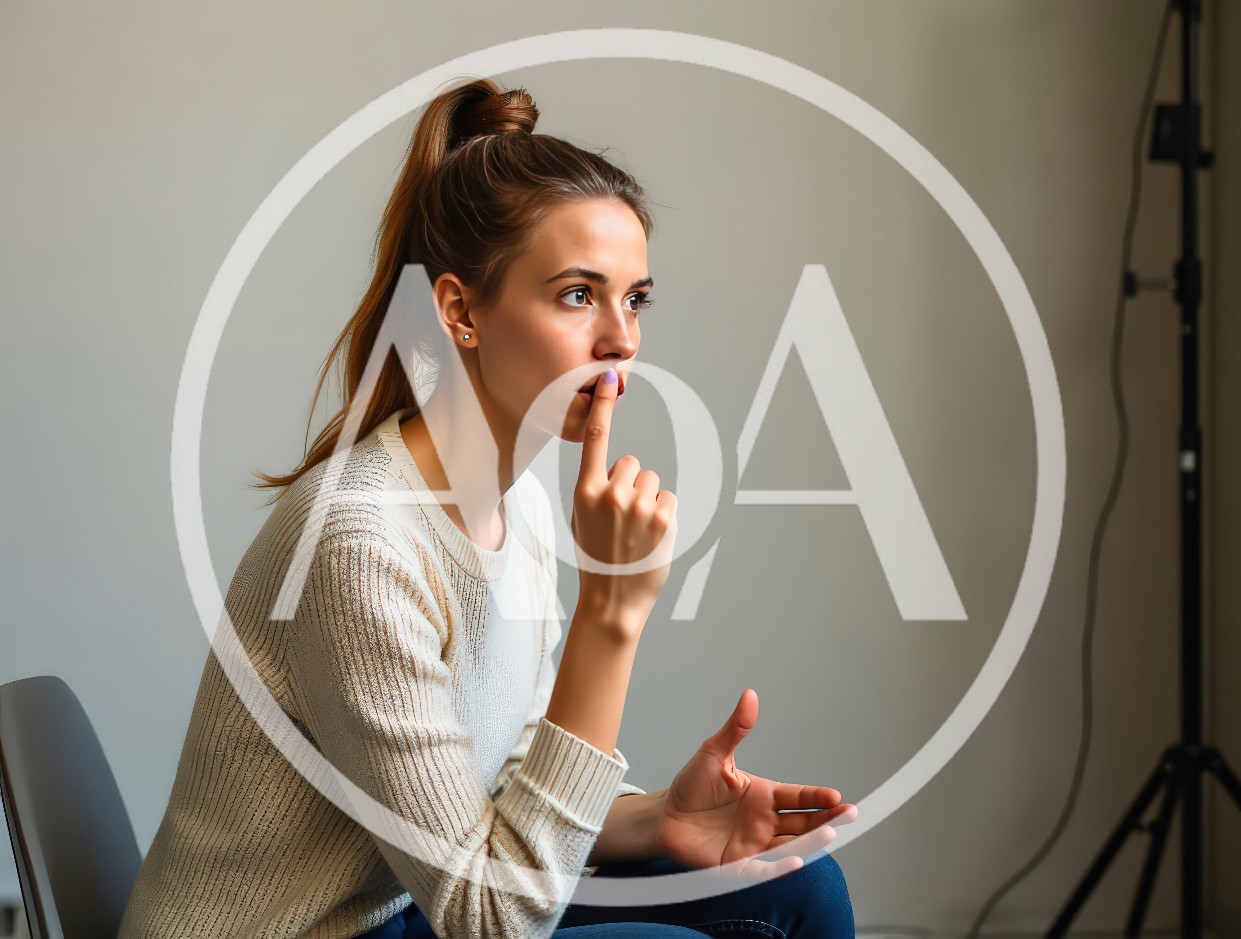 Young Woman Sitting and Thinking with Finger on Lips