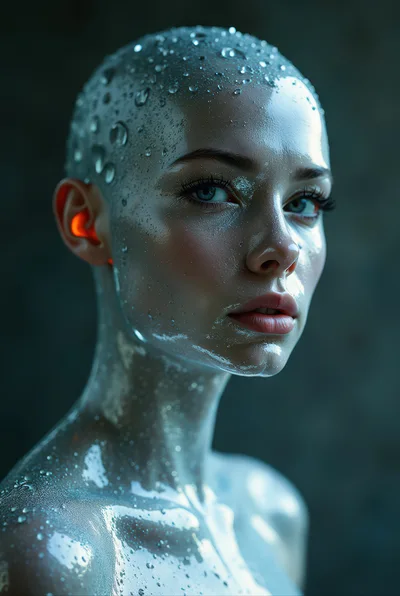Portrait Of A Futuristic Bald Woman With Wet Skin