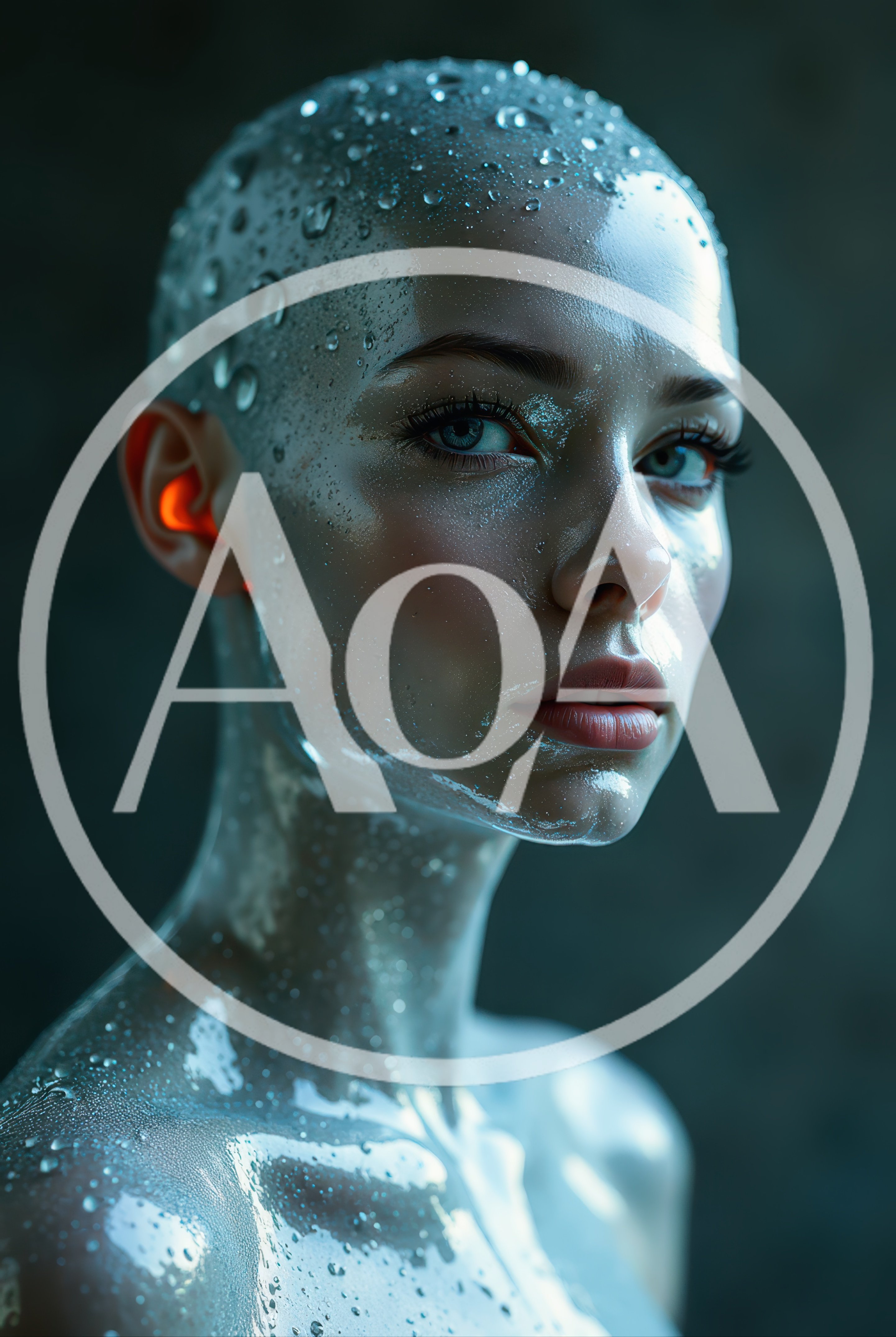 Portrait Of A Futuristic Bald Woman With Wet Skin