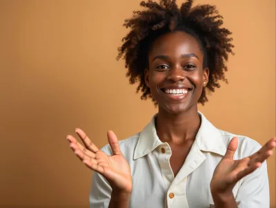 Smiling Young Black Woman Gesturing With Open Hands