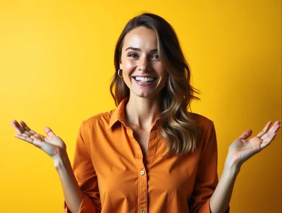 Smiling Woman Gesturing With Open Hands Against Yellow Background