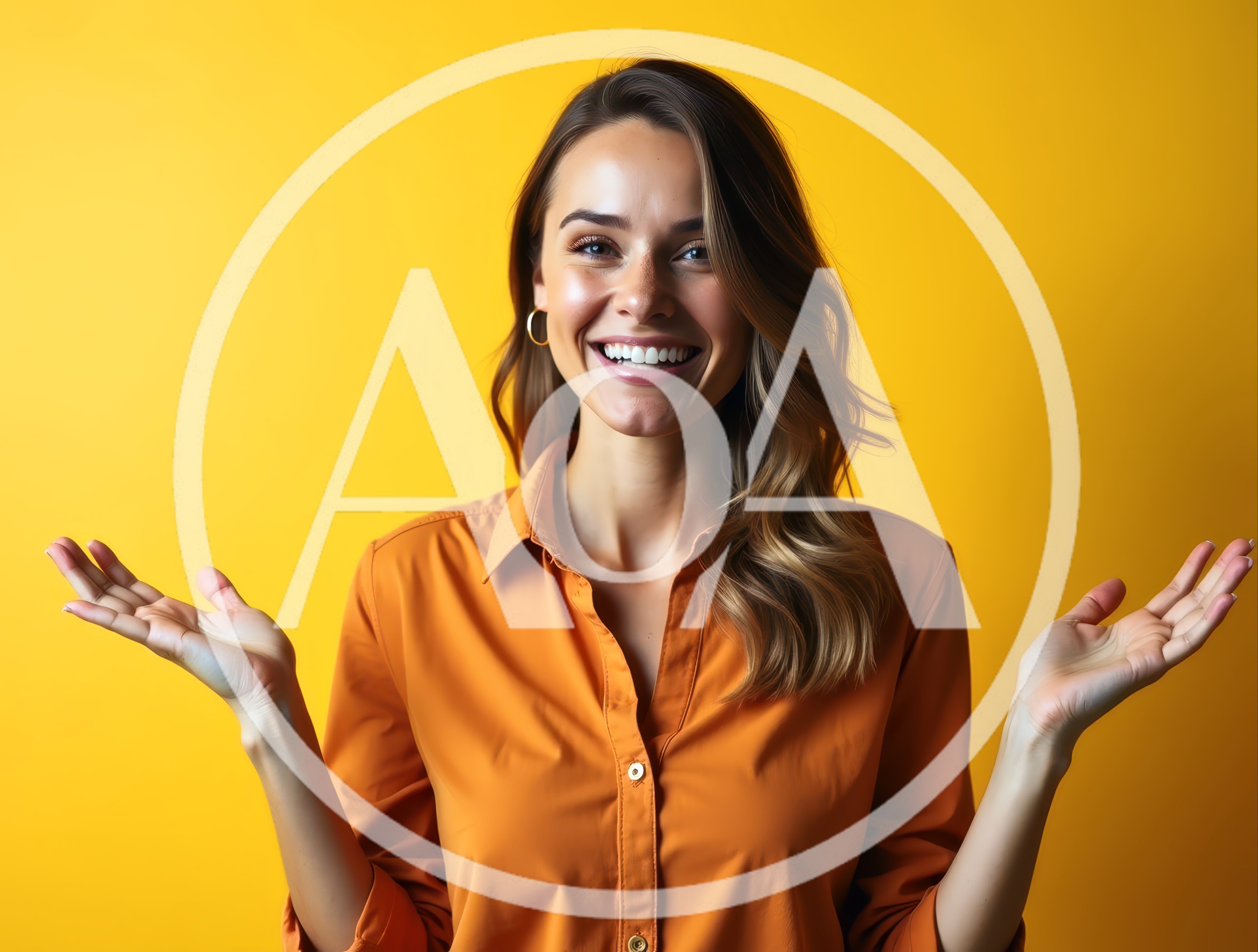 Smiling Woman Gesturing With Open Hands Against Yellow Background