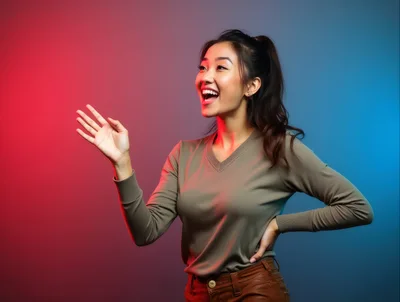Excited Young Asian Woman Gesturing With Joyful Expression