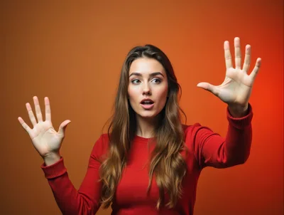 Surprised Young Woman Gesturing With Open Hands
