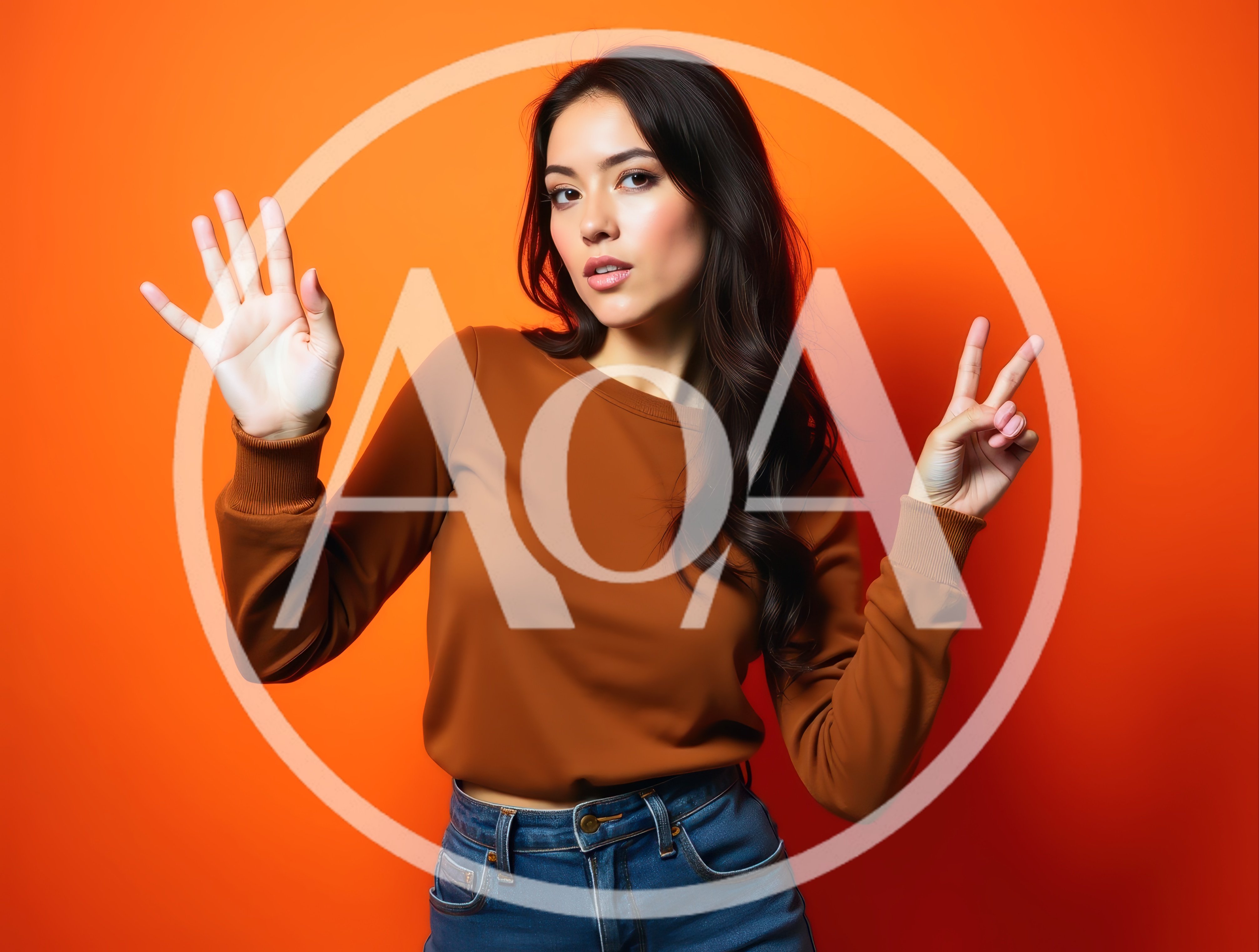 Young Woman Gesturing With Hands Against Orange Background