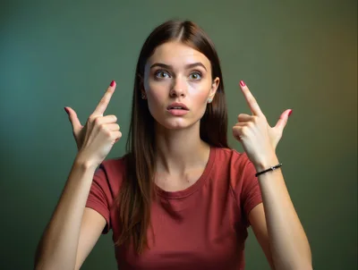 Surprised Young Woman Pointing Upwards With Both Hands