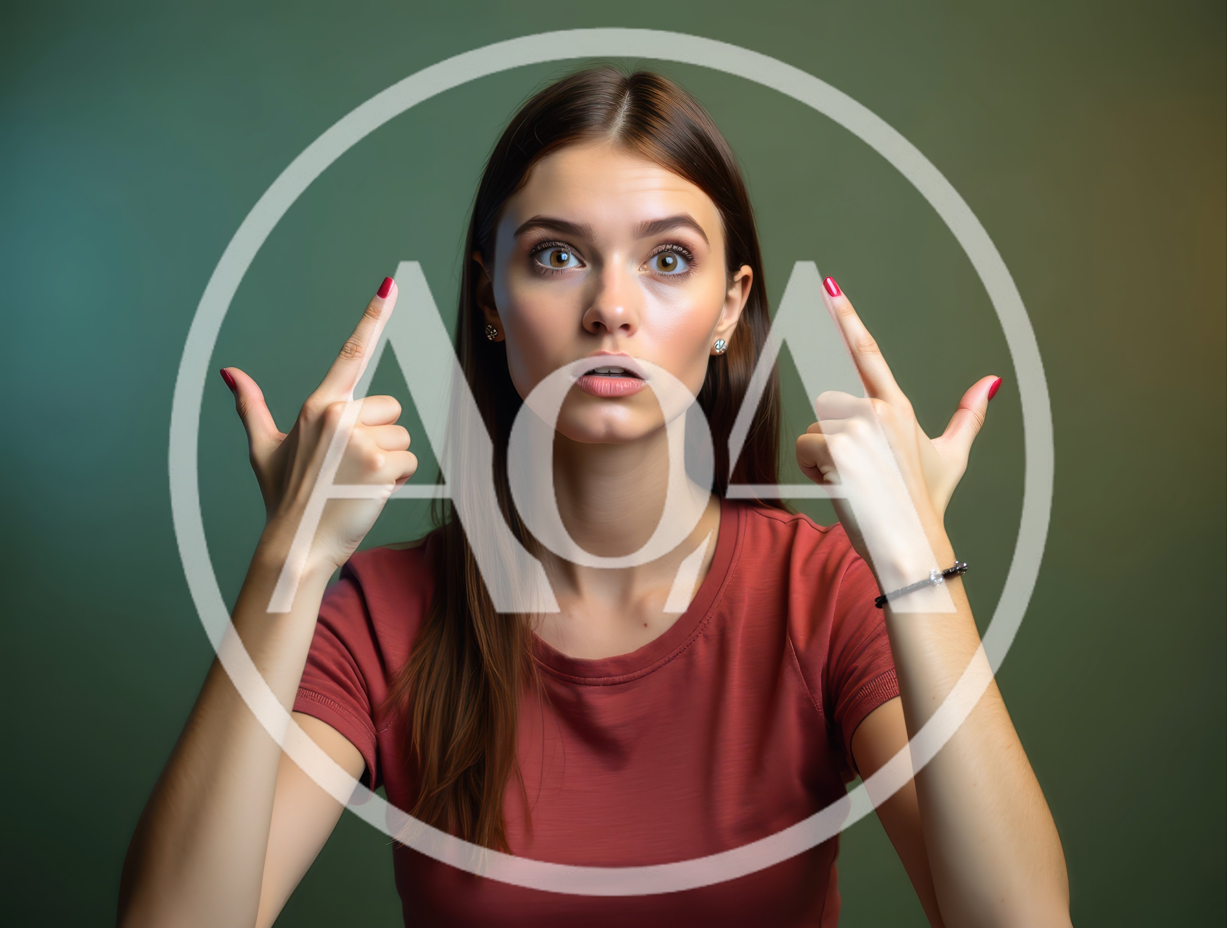 Surprised Young Woman Pointing Upwards With Both Hands