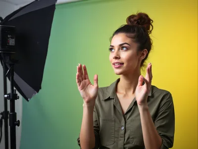 Young Woman Gesturing During A Professional Studio Photoshoot