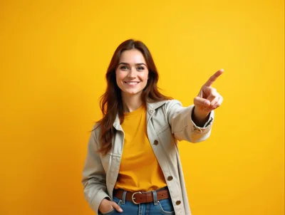 Young Woman Pointing Forward Against Yellow Background