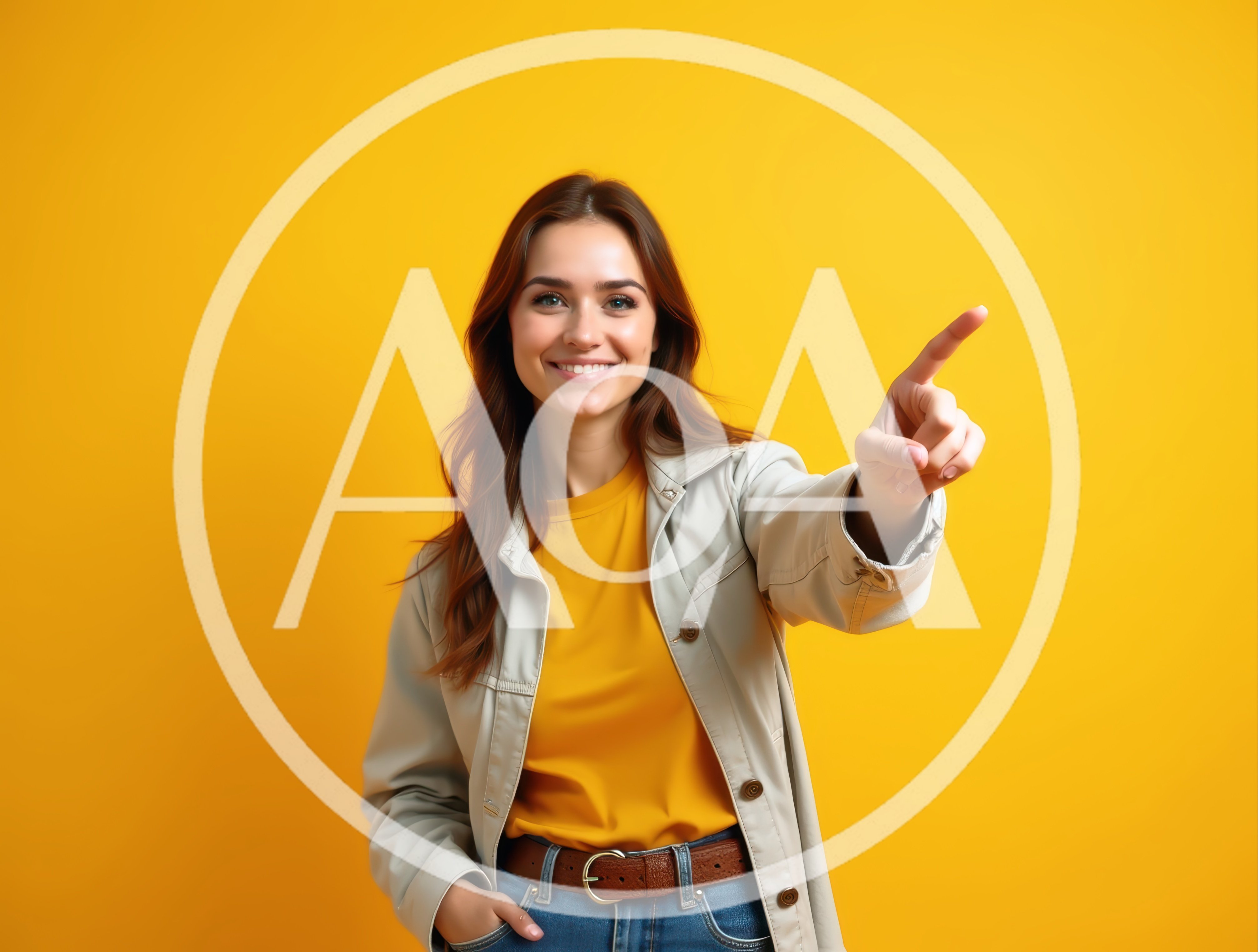 Young Woman Pointing Forward Against Yellow Background